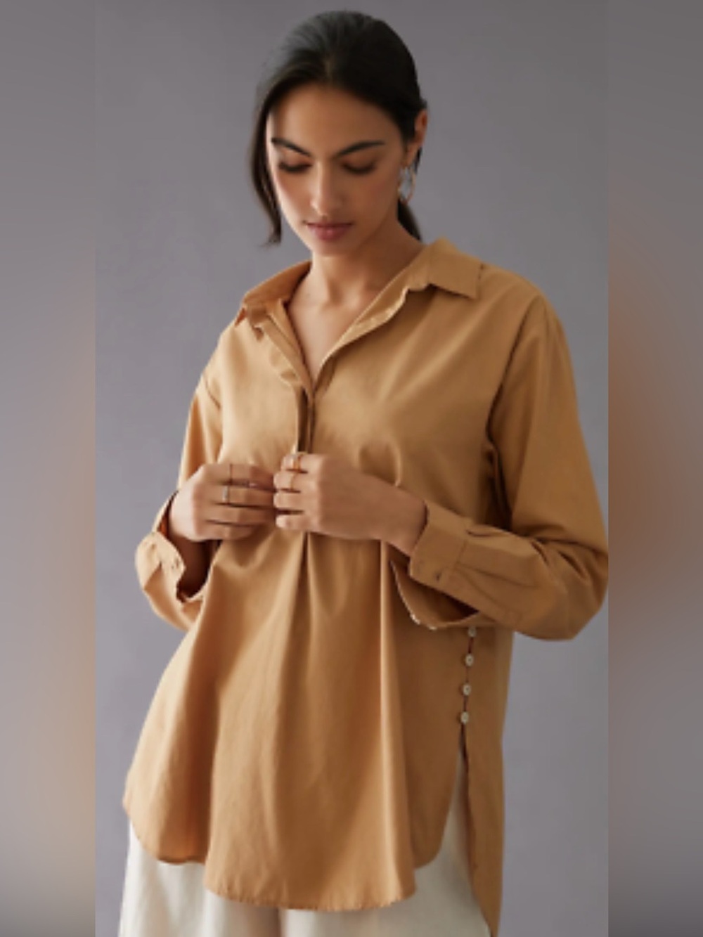 Anthropologie Camel Button-Front Tunic Blouse